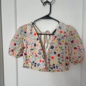 Zara colorful embroidered puff sleeve crop top
